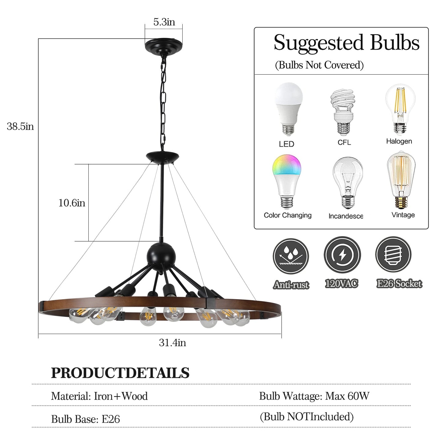 8-Light Retro Farmhouse Chandelier For Kitchen,