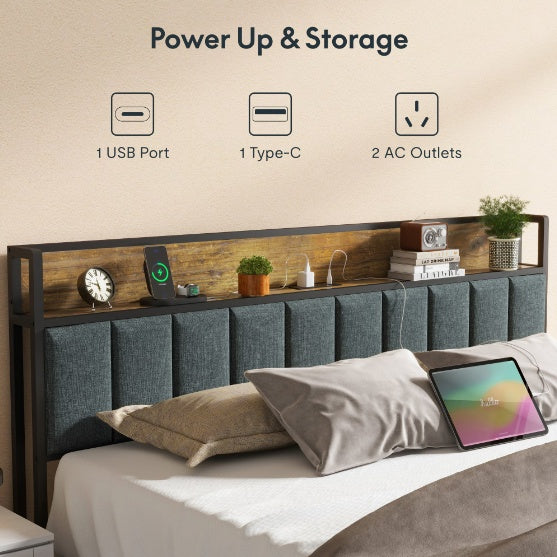 Large Queen Bed Frame With Charging Station And LED Lights - Padded Headboard With Storage Shelves, Heavy-duty Metal Slats