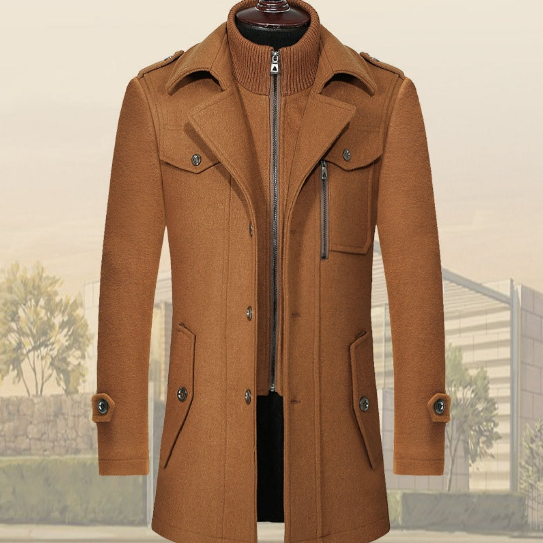 Men's Woolen Coat Double Collar Standard Vertical Zipper Coat Jacket