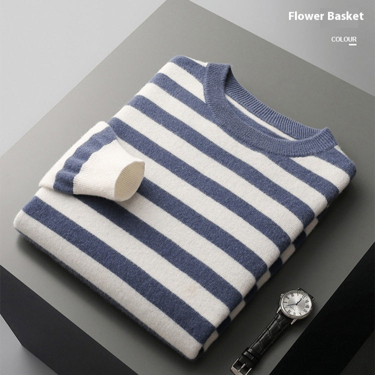 Woolen Sweater Men's Round Neck Striped Color Matching Sweater