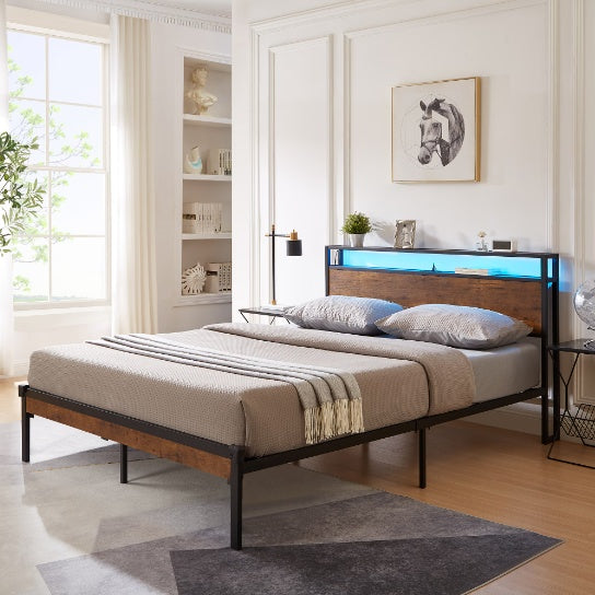 Full Size Metal Platform Bed Frame With Wooden Headboard And Footboard With USB LINER Box Spring Needed