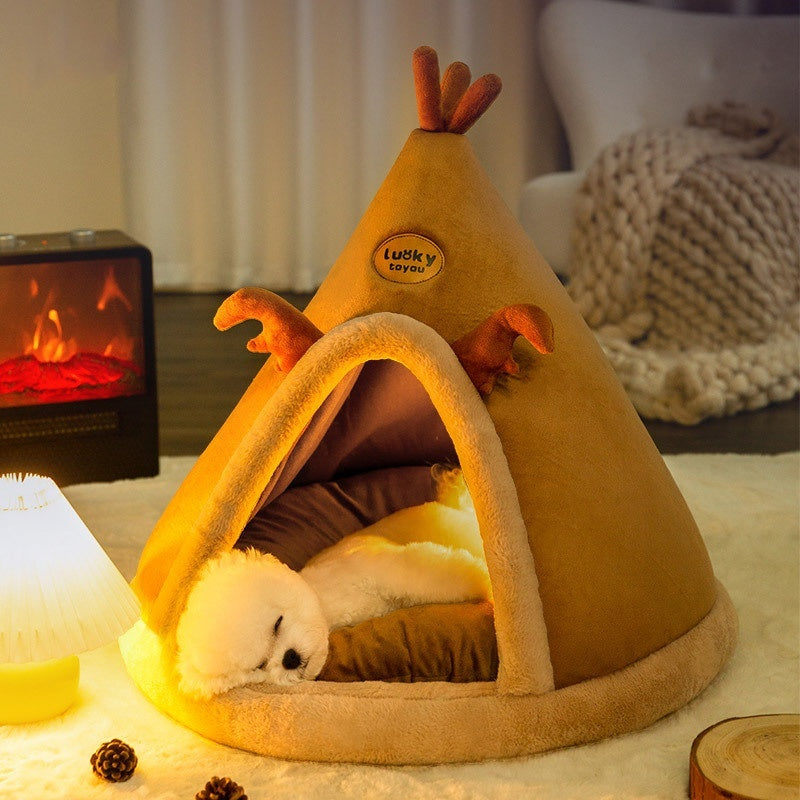 Christmas Autumn And Winter Dog Elk Tent Mongolian Bag Kennel Warm Thickened Closed Cat Nest Pet Bed