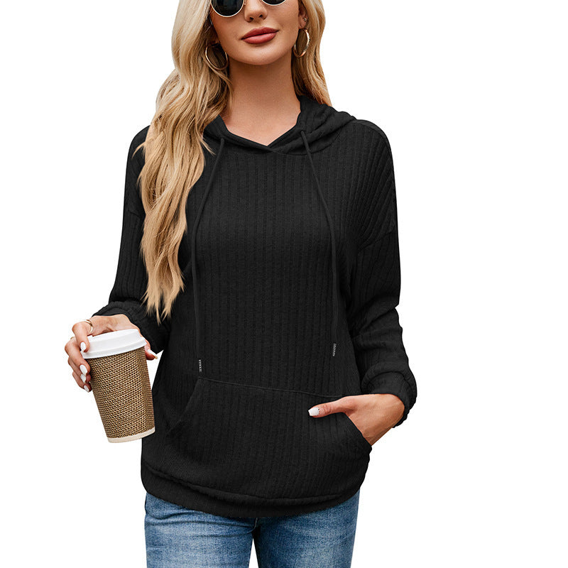 Women's Knitwear Hooded Sunken Stripe Kangaroo Pocket Sweatshirt