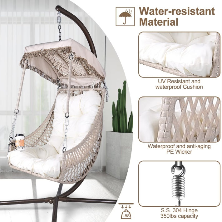 Indoor And Outdoor Swing Egg Chair With Stand, Beige UV Protection Cushion Hanging Chair With Cup Holder