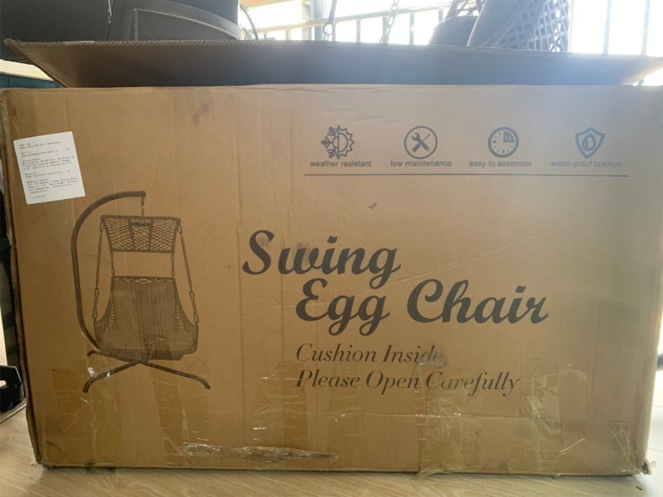 Indoor And Outdoor Swing Egg Chair With Stand, Beige UV Protection Cushion Hanging Chair With Cup Holder