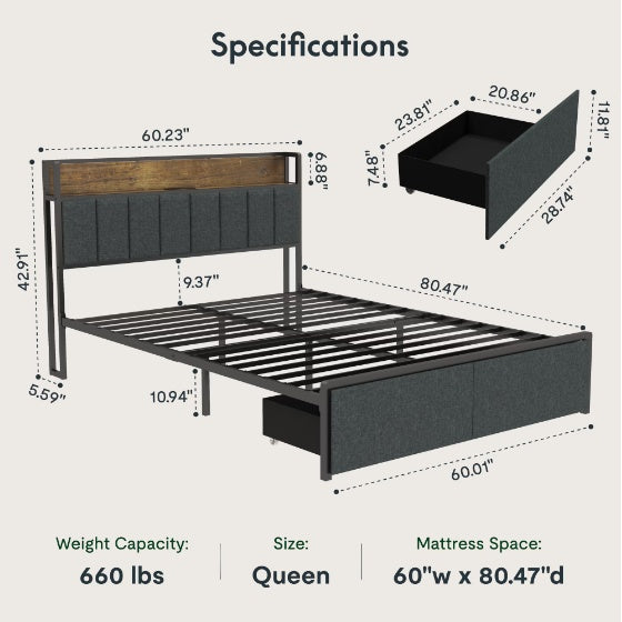 Large Queen Bed Frame With Charging Station And LED Lights - Padded Headboard With Storage Shelves, Heavy-duty Metal Slats