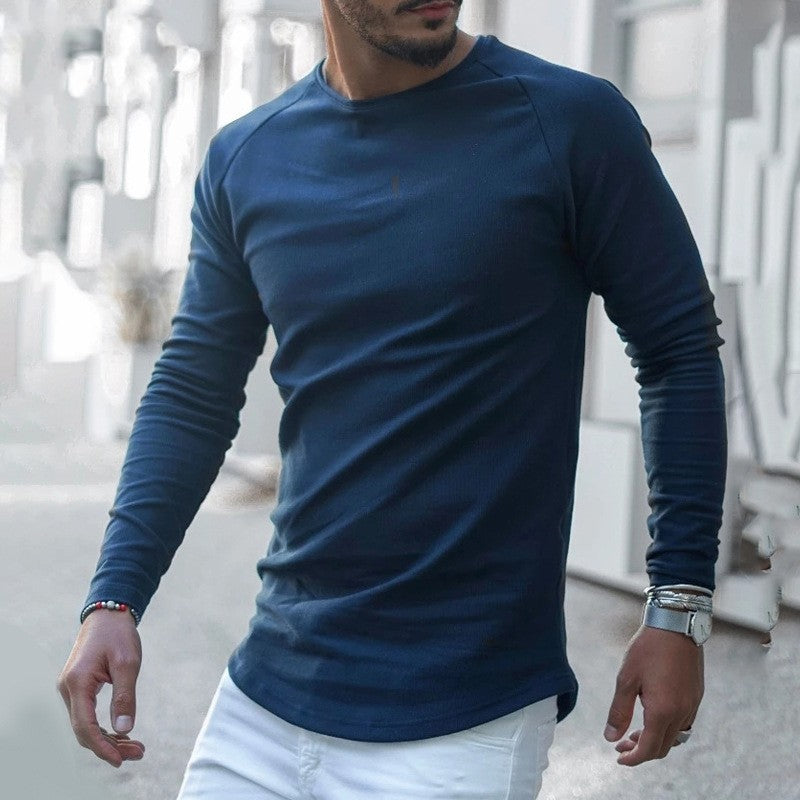 Round Neck Long Sleeve Slim Fitting Solid Color Knit Shirt For Men