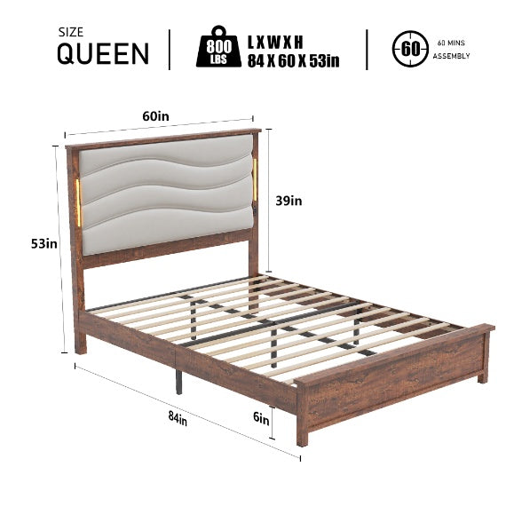 Large Bed Frame With Charging Station And LED Lights (Queen Bed)