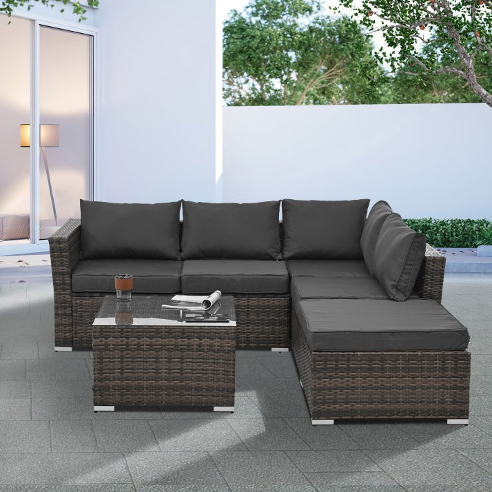 Patio Furniture, Outdoor Furniture, Seasonal PE Wicker Furniture, 4 Piece Set Wicker Furniture With Tempered Glass Coffee Table