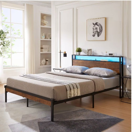 Full Size Metal Platform Bed Frame With Wooden Headboard And Footboard With USB LINER Box Spring Needed