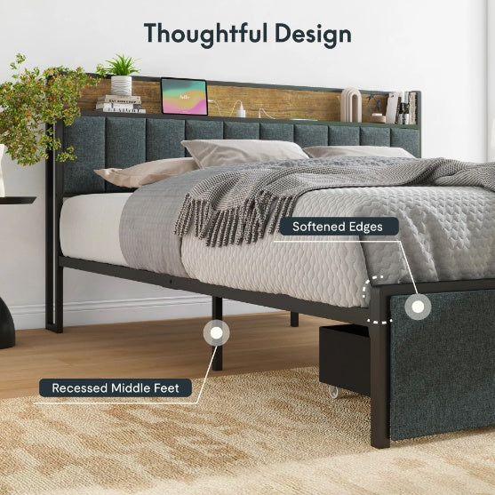 King-size Bed Frame With Charging Station And LED Lights - Upholstered Headboard With Storage Shelves