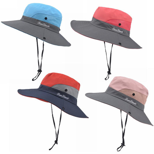 Women's UV Protection Wide Brim Sun Hats Cooling Mesh Ponytail Hole Cap