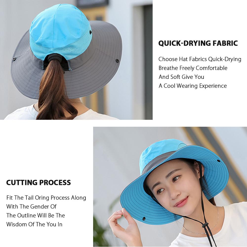 Women's UV Protection Wide Brim Sun Hats Cooling Mesh Ponytail Hole Cap