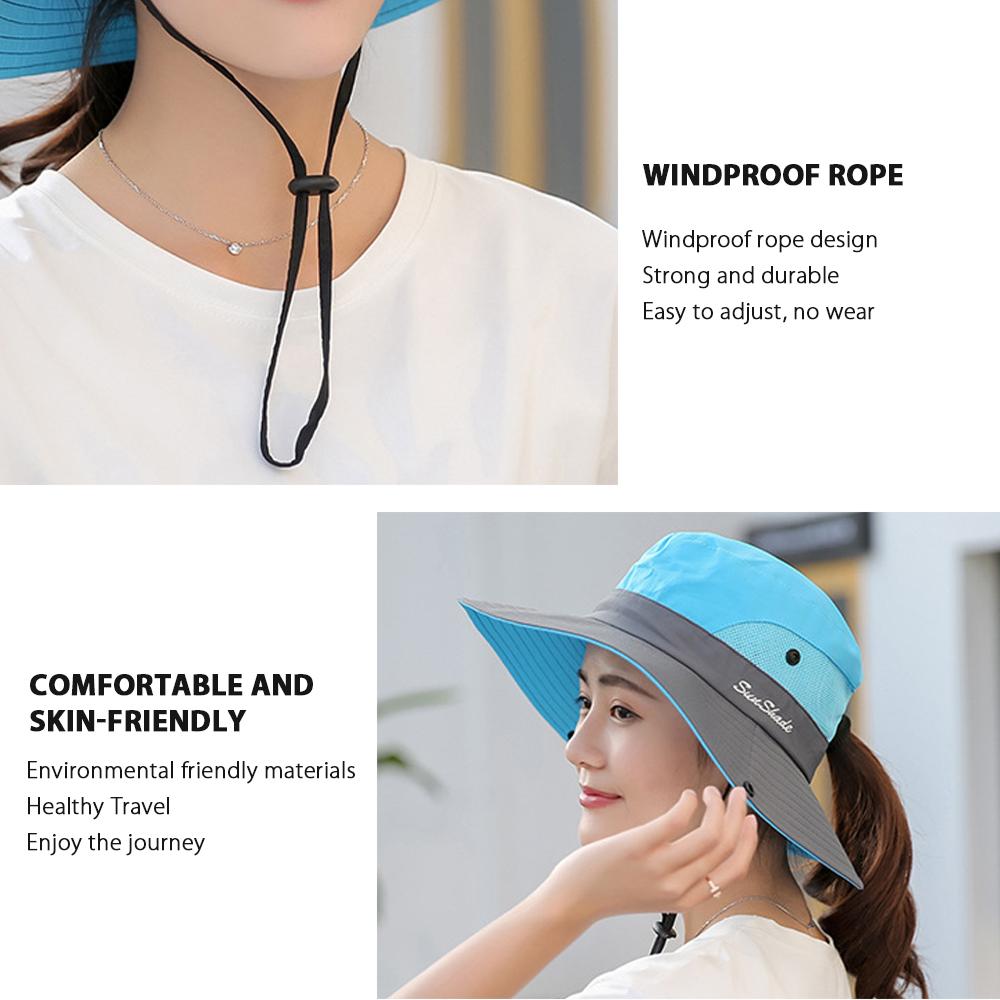 Women's UV Protection Wide Brim Sun Hats Cooling Mesh Ponytail Hole Cap