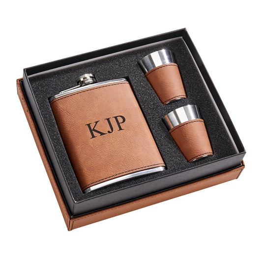 Caramel Leatherette Flask & Stainless Steel Shot Glass Set (with Monogram)