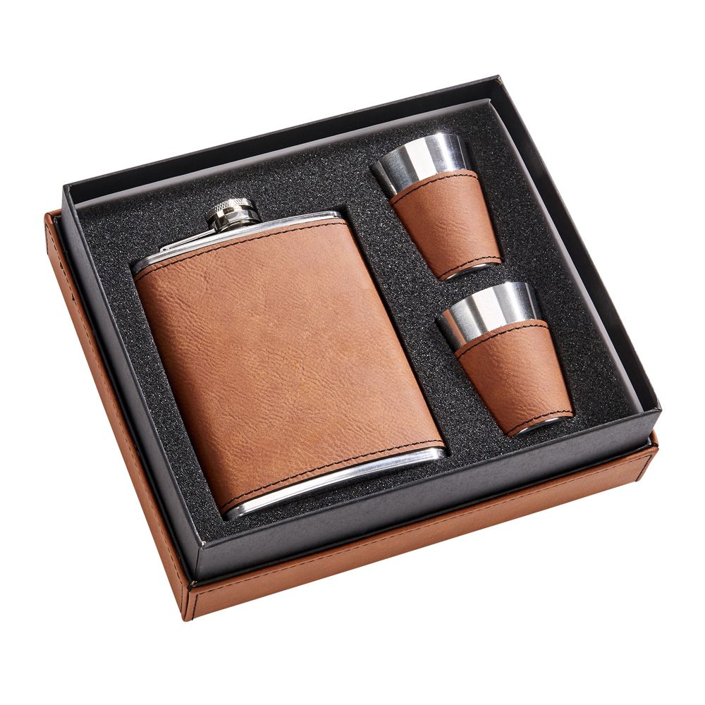 Caramel Leatherette Flask & Stainless Steel Shot Glass Set (with Monogram)