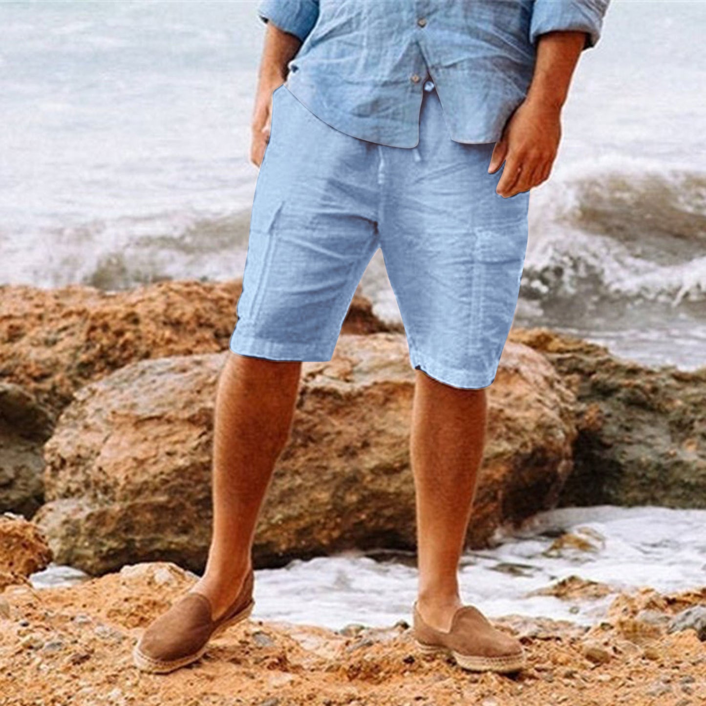 Men's Casual Vacation Beach Hawaiian Cotton Linen Multi-pocket Workwear Shorts