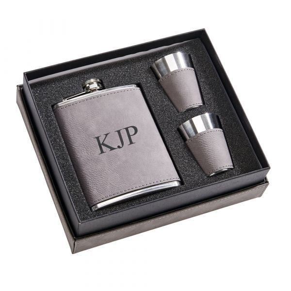 Grey Leatherette Flask & Stainless Steel Shot Glass Set (with Monogram)