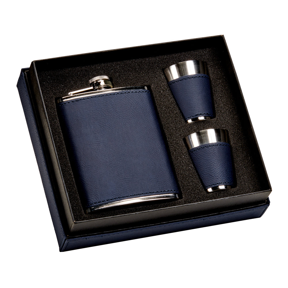 Navy Leatherette Flask & Stainless Steel Shot Glass Set (with Monogram)