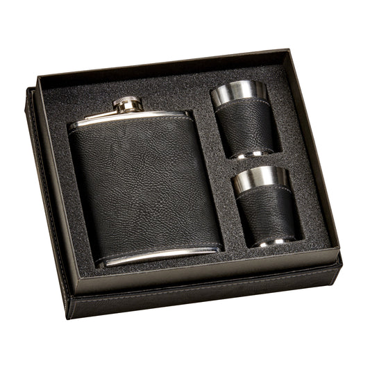 Black Leatherette Flask & Stainless Steel Shot Glass Set (with Monogram)