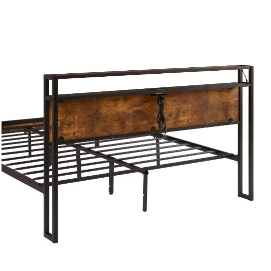 Full Size Metal Platform Bed Frame With Wooden Headboard And Footboard With USB LINER Box Spring Needed