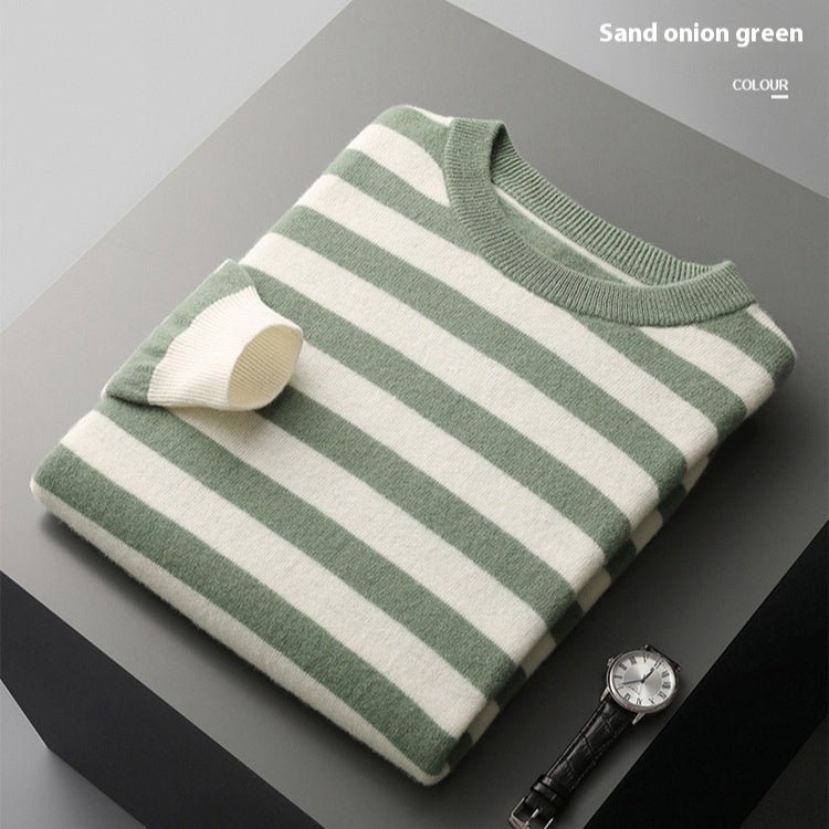 Woolen Sweater Men's Round Neck Striped Color Matching Sweater