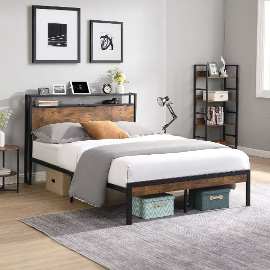 Full Size Metal Platform Bed Frame With Wooden Headboard And Footboard With USB LINER Box Spring Needed