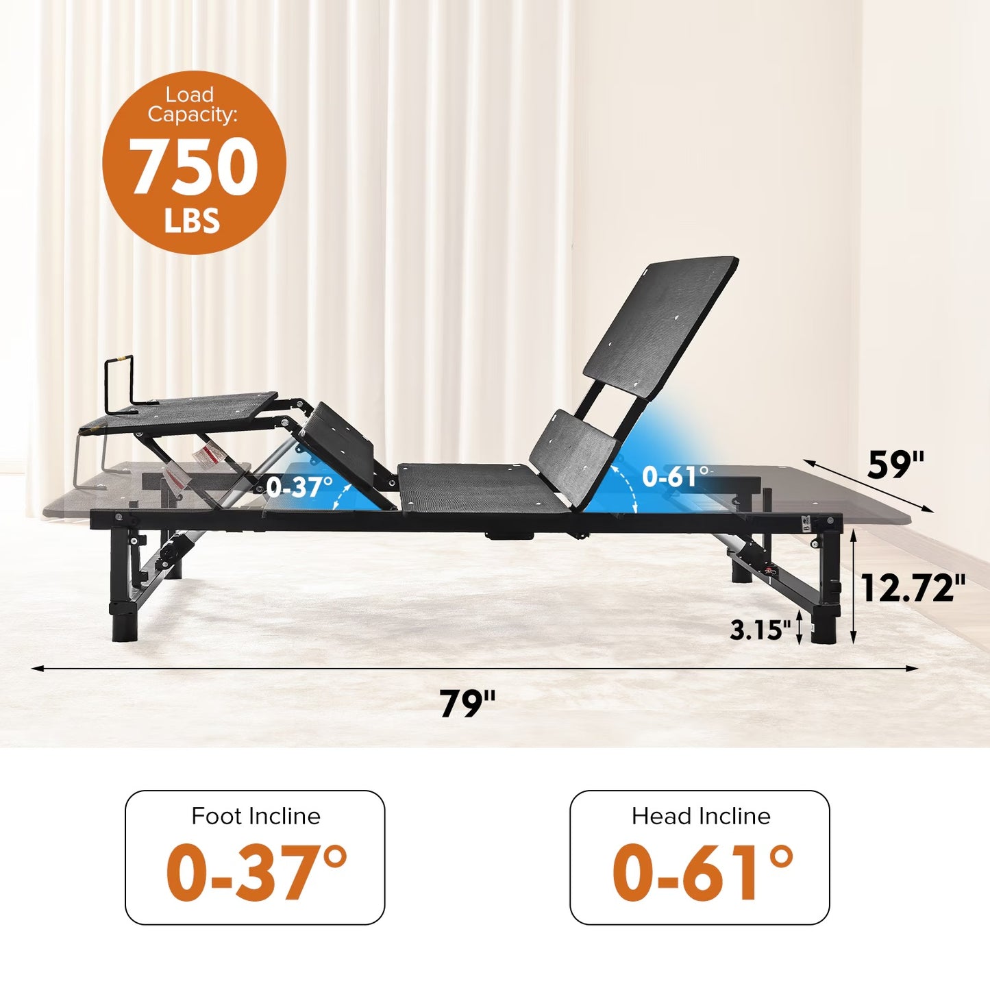 Adjustable Bed Base Frame Queen Bed Frame With Head And Foot Incline Wireless Remote Zero Gravity Quiet Motor Black Queen