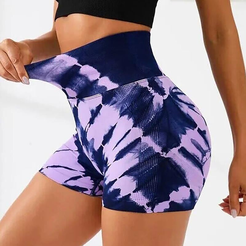 2 Pack Tie Dye High Waist Yoga Shorts, Athletic Tummy Control Workout Running Shorts, Stretchy Sportswear For Women