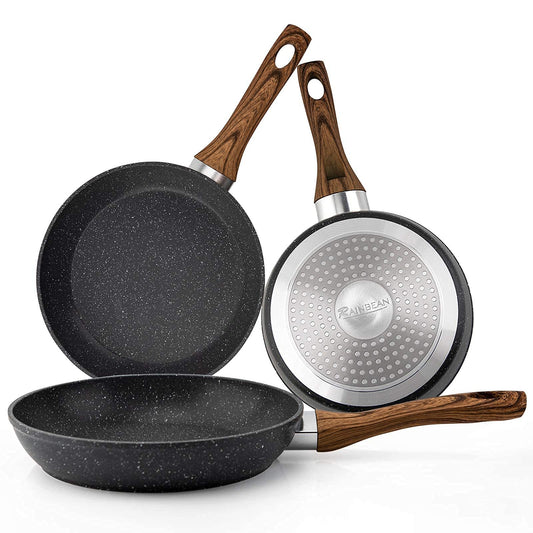 Rainbean Frying Pan Set 3-Piece Nonstick Saucepan Woks Cookware Set,Heat-Resistant Ergonomic Wood Effect Bakelite Handle Design, PFOA Free