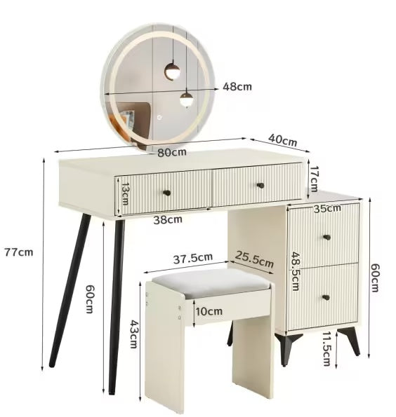 Fluted Makeup Vanity Desk With Round LED Mirror And Lights, Modern Glass Top Big Vanity Table With 4 Drawers  Adjustable Shelves