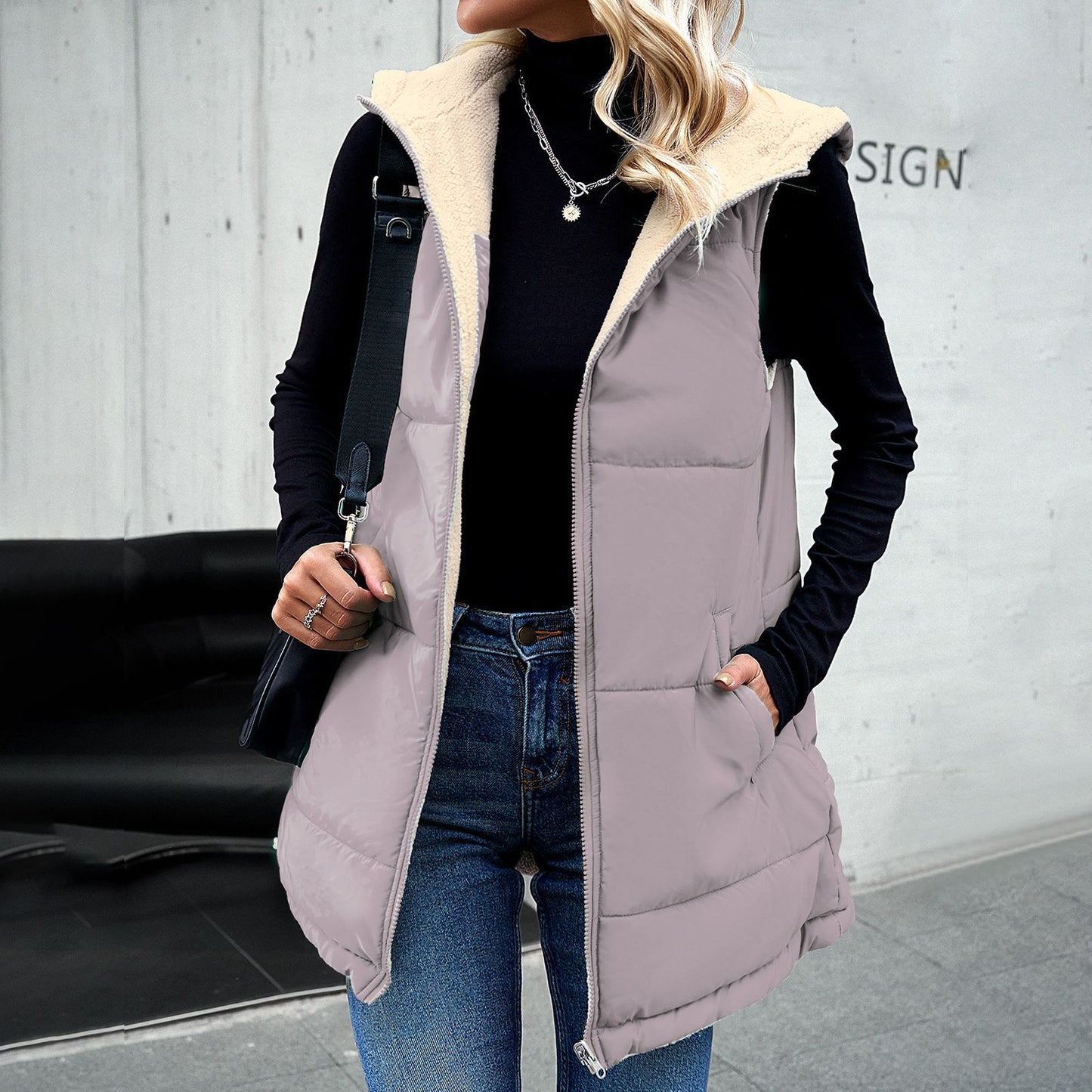 Winter Vest Women Loose Commuting Mid-length Hooded Cotton Jacket With Pockets Fashion Warm Zipper Fluffy Coat Outdoor Clothing