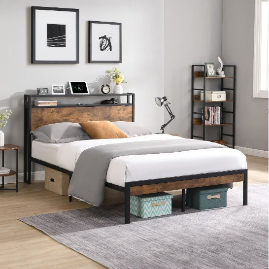 Full Size Metal Platform Bed Frame With Wooden Headboard And Footboard With USB LINER Box Spring Needed