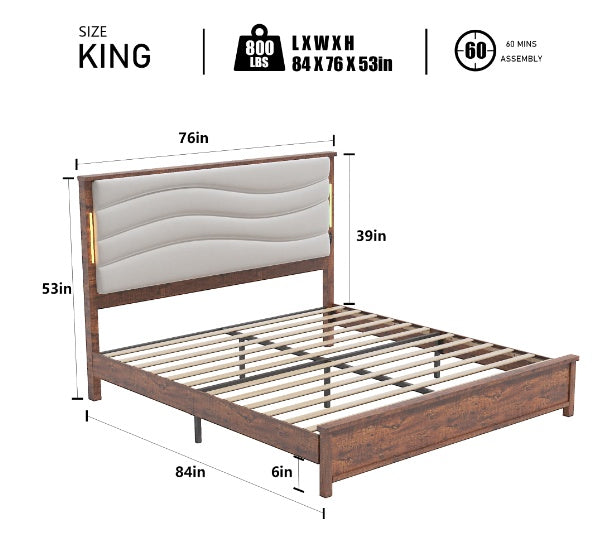 Large Bed Frame With Charging Station And LED Lights (King)