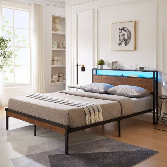 Full Size Metal Platform Bed Frame With Wooden Headboard And Footboard With USB LINER Box Spring Needed