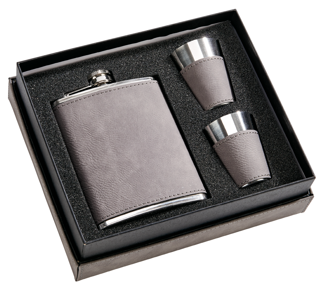 Grey Leatherette Flask & Stainless Steel Shot Glass Set (with Monogram)