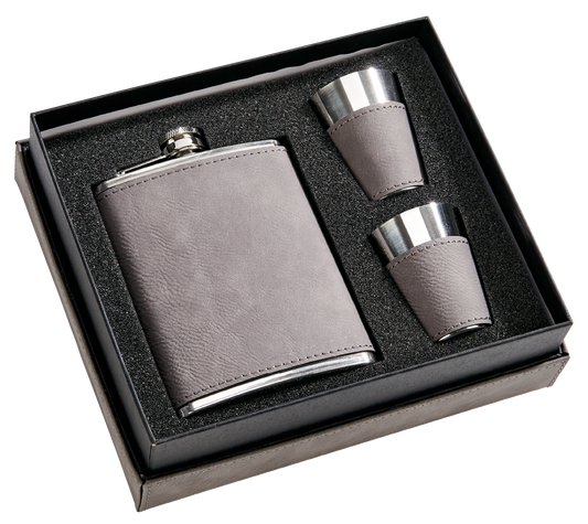 Grey Leatherette Flask & Stainless Steel Shot Glass Set (with Monogram)