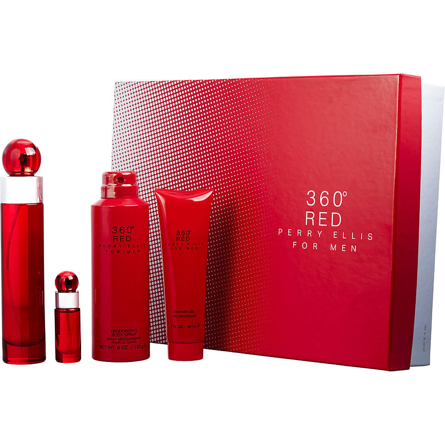 Perry Ellis 360 Red Eau De Toilette Spray 3.4 oz & Shower Gel 3 oz & Deodorant Body Spray 6 oz & Eau De Toilette Spray 0.25 oz Mini