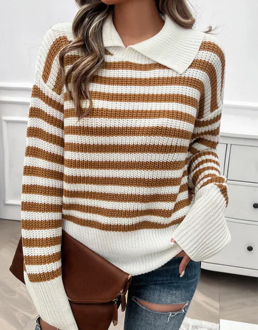 Women's Casual Loose Lapel Striped Long Sleeve Sweater