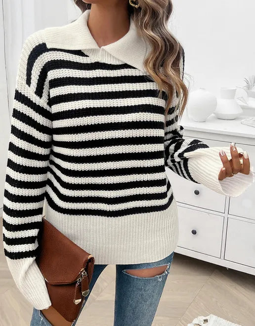 Women's Casual Loose Lapel Striped Long Sleeve Sweater