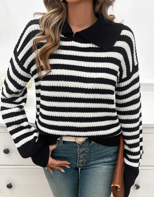 Women's Casual Loose Lapel Striped Long Sleeve Sweater