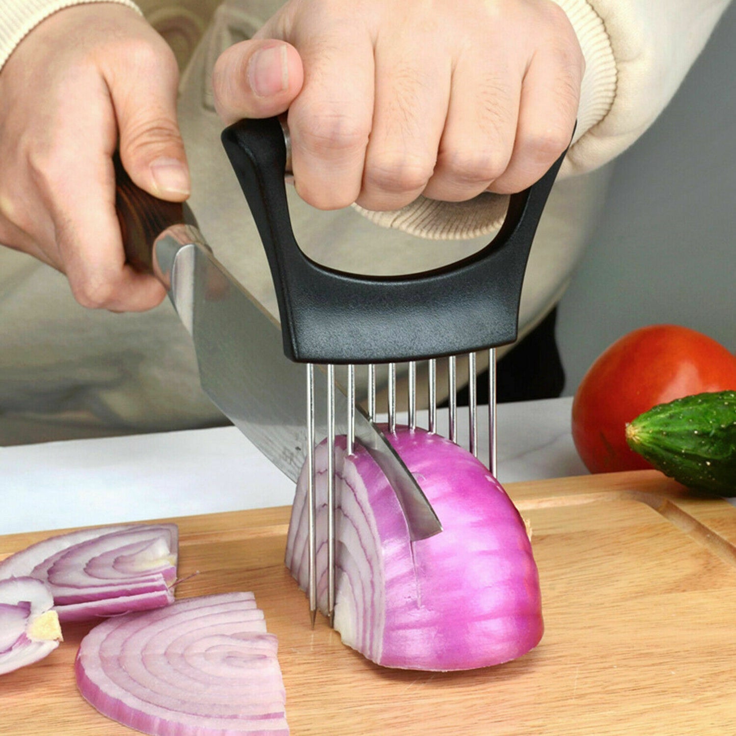 Food Slice Assistant - Stainless Steel Onion Holder Slicer Tomato Cutter Non Slip (Free Shipping)