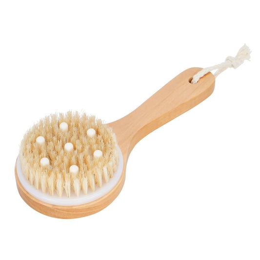 Pet Shampoo Brush With Massage Points Wooden Handle, And Natural Bristles For Dog And Cat Grooming