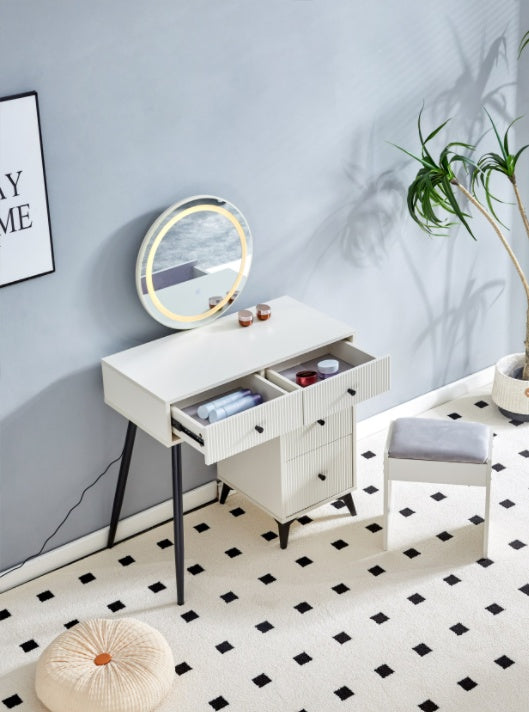 Fluted Makeup Vanity Desk With Round LED Mirror And Lights, Modern Glass Top Big Vanity Table With 4 Drawers  Adjustable Shelves