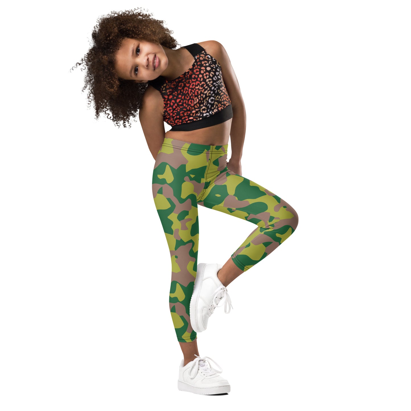 Kid's Leggings - Lime Green & Beige Camouflage