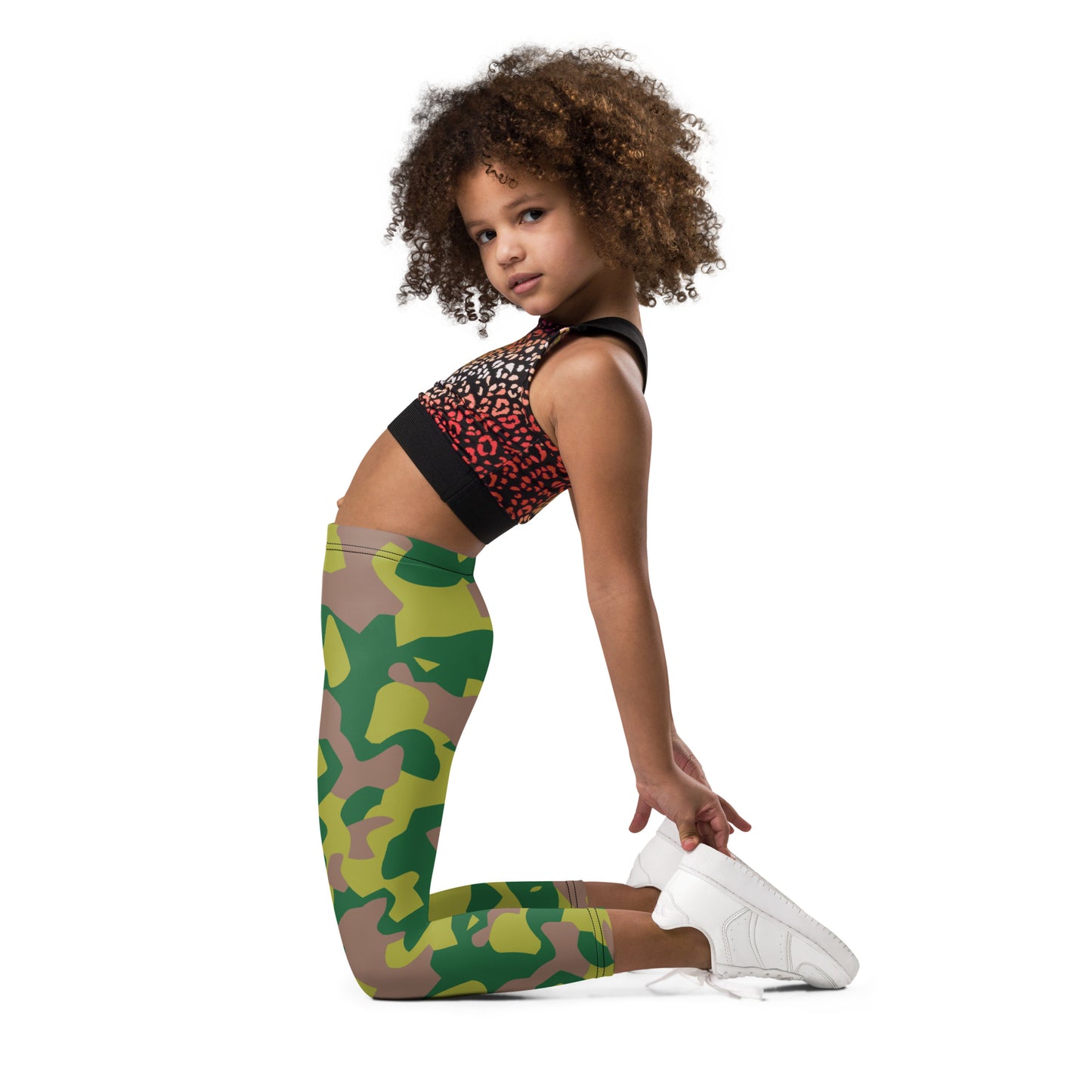 Kid's Leggings - Lime Green & Beige Camouflage