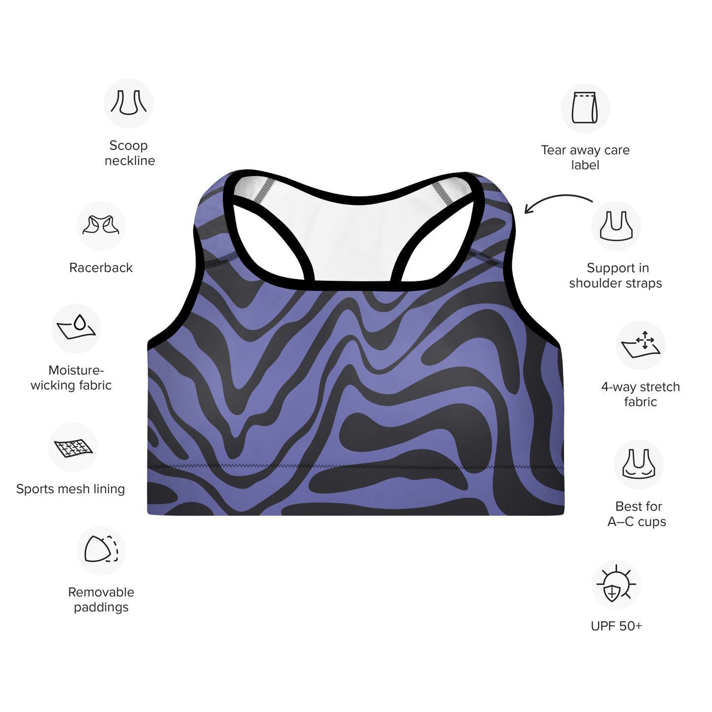 Padded Sports Bra - Purple Black Waves