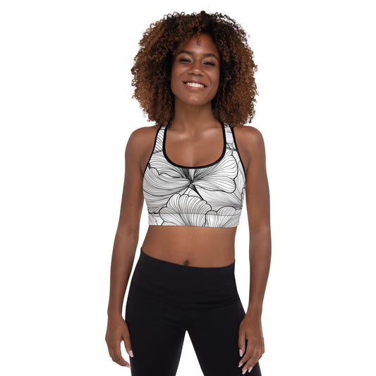 Padded Sports Bra - Black & White Flower