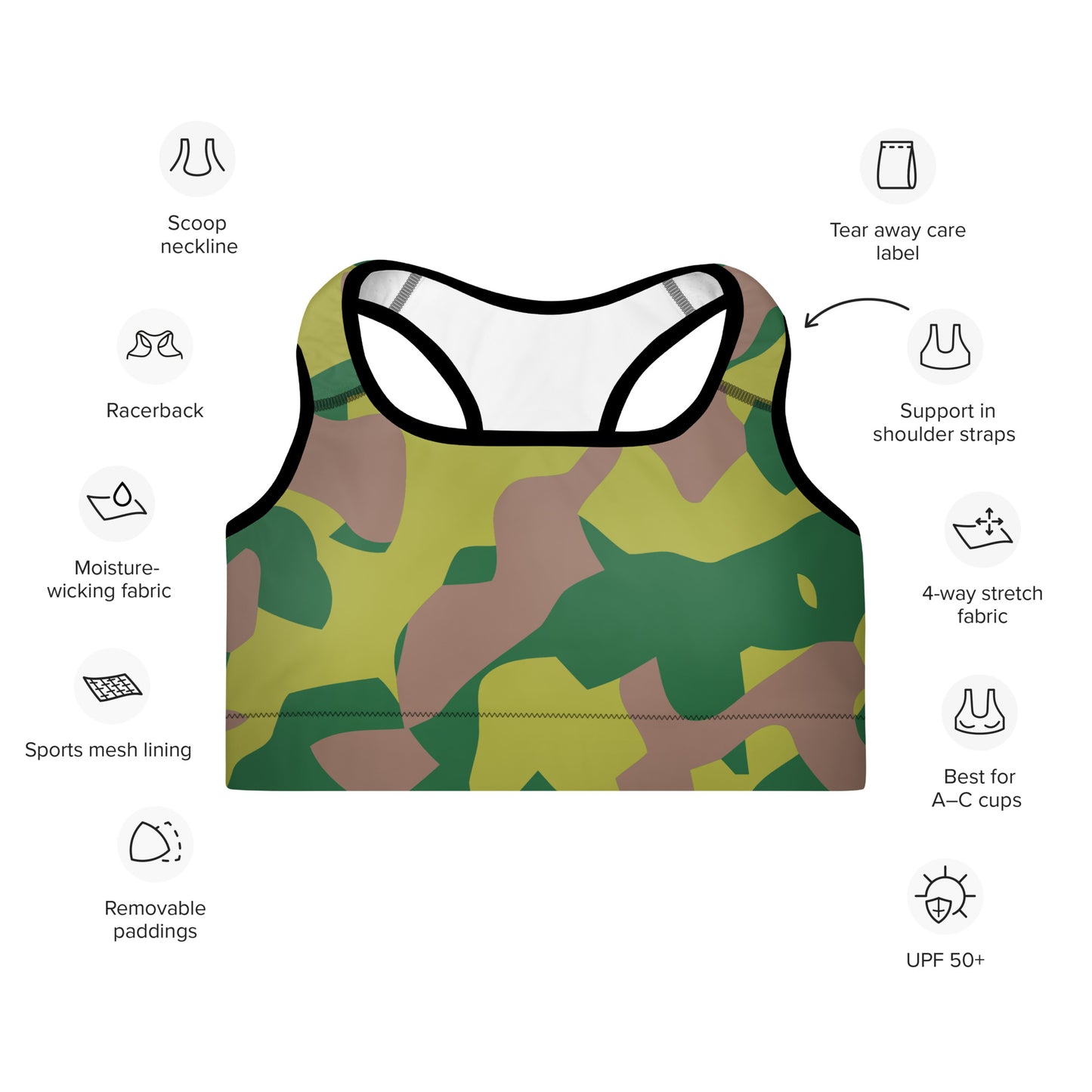 Padded Sports Bra - Lime Green & Beige Camouflage