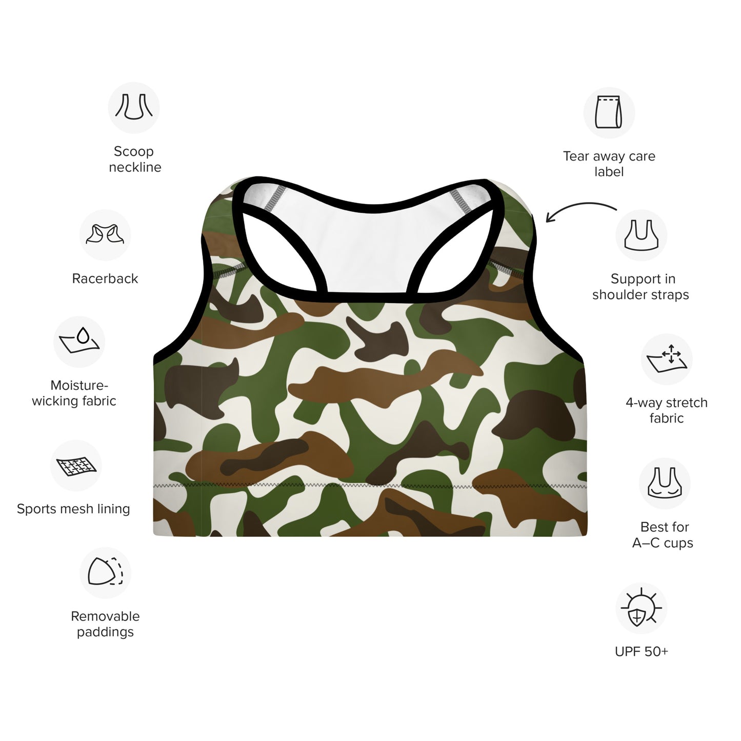 Padded Sports Bra - Beige Brown & White camouflage